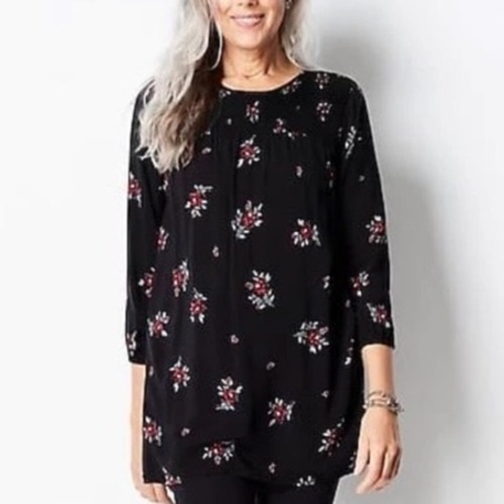 J Jill Black Red Floral Smocked Yoke Rayon Tunic Top Petite Large Dark Witchy